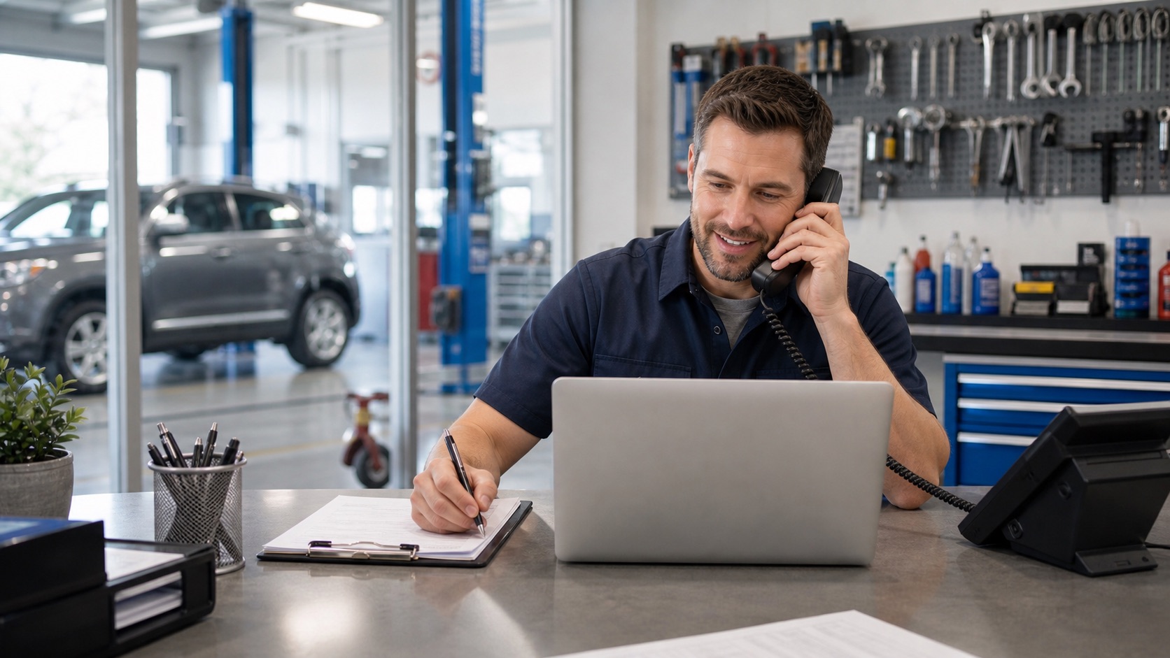 Automotive service advisor answering a customer call and booking a repair appointment
