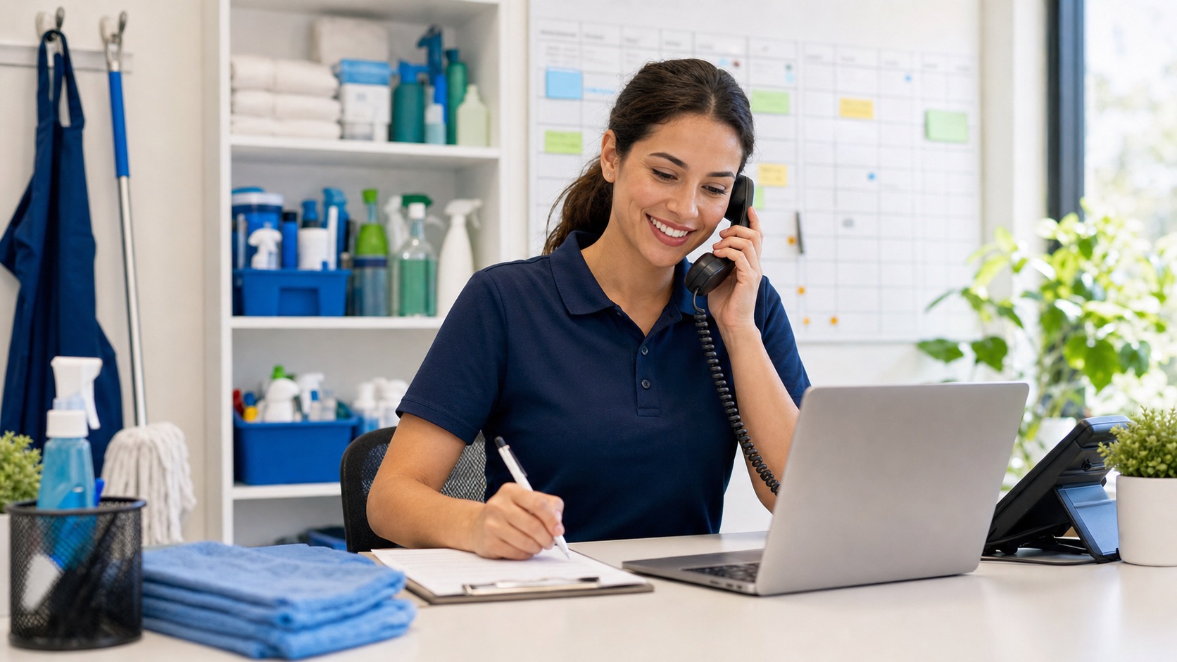 Cleaning service coordinator answering a booking call and scheduling a home cleaning