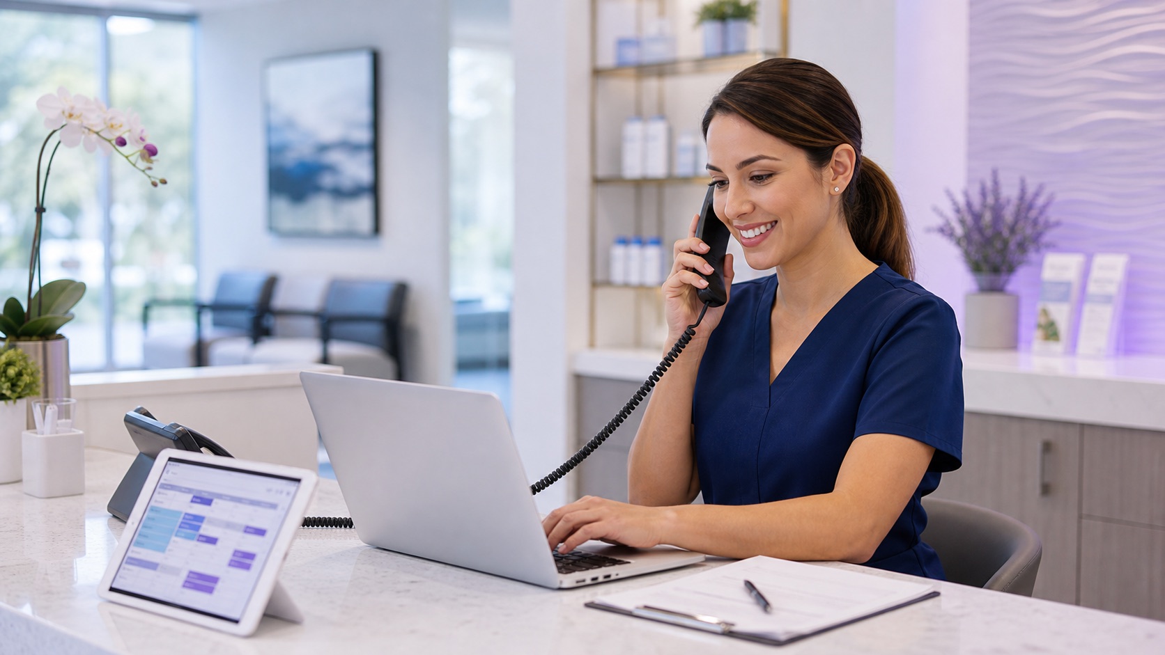 Clinic coordinator answering a patient call and scheduling an appointment