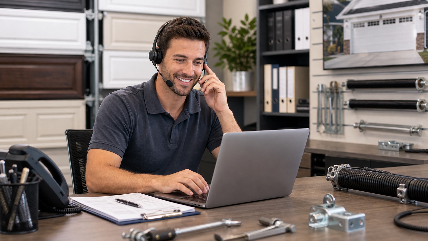 Garage door dispatcher answering a call and scheduling a repair appointment