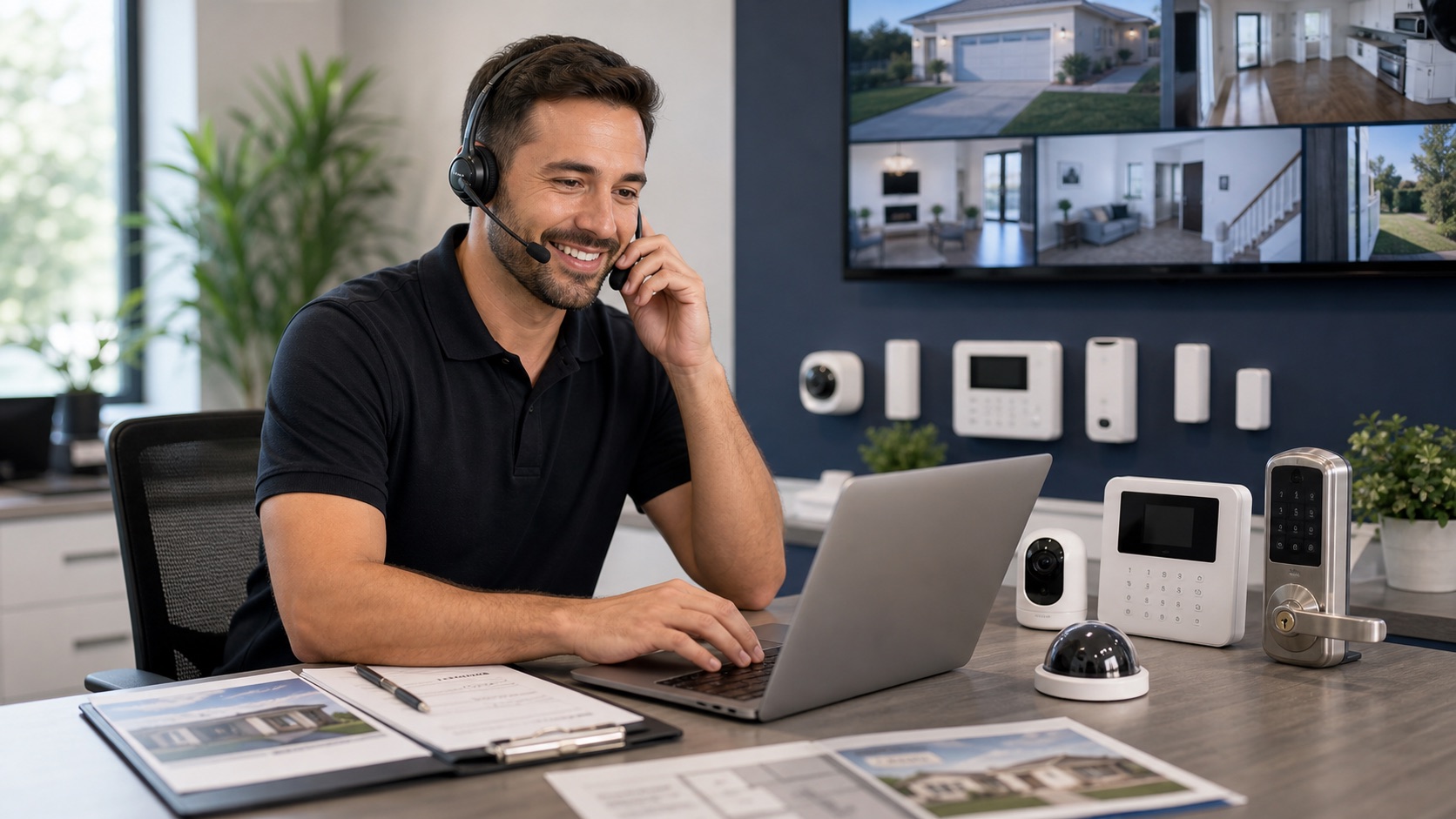 Home security dispatcher answering a call and scheduling an installation appointment