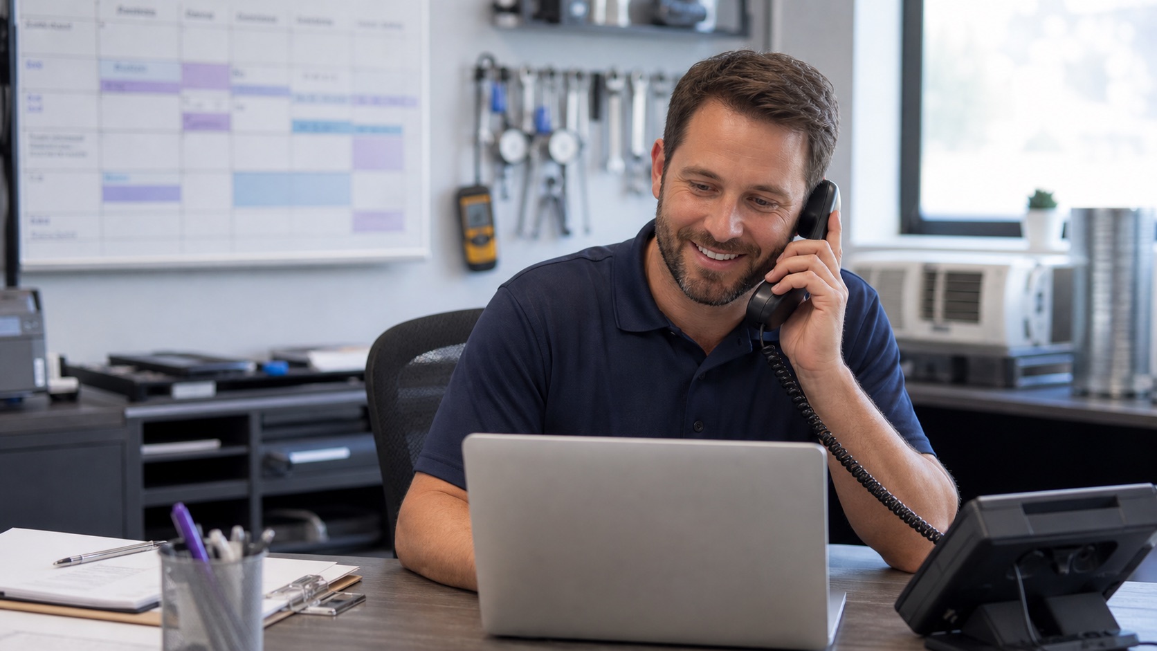 HVAC office manager answering a service call and booking an appointment
