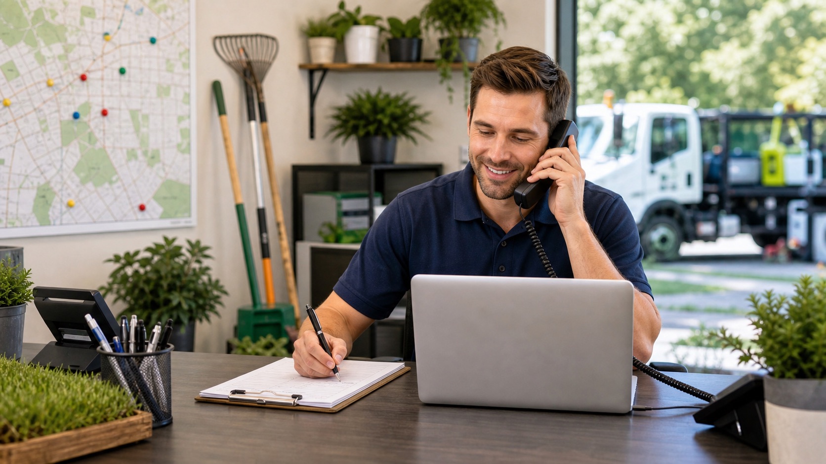 Landscaping coordinator answering a quote call and scheduling a lawn care appointment