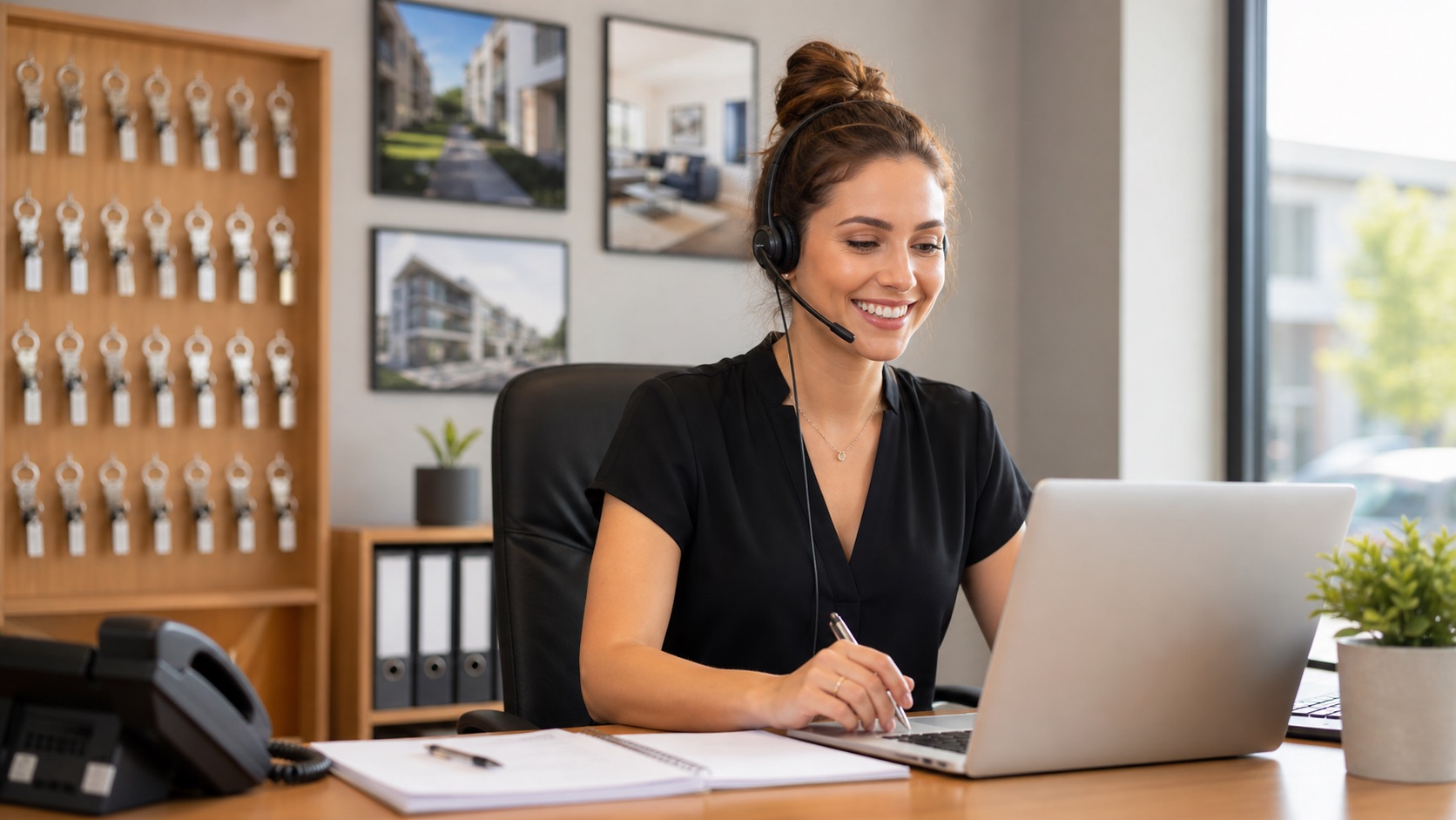 Property manager answering a call and scheduling a showing or maintenance follow-up