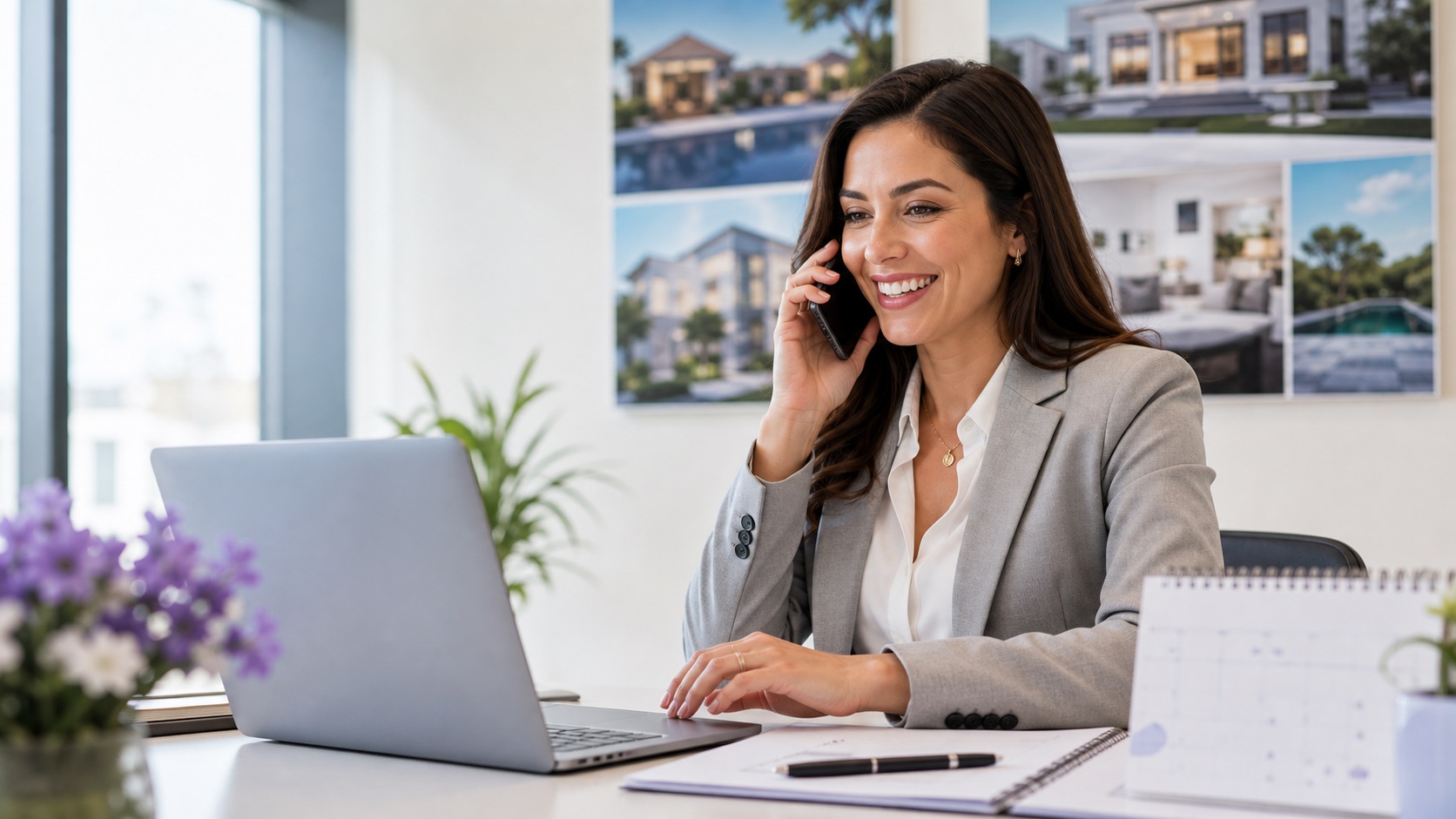 Realtor answering a buyer call and scheduling a showing on a laptop