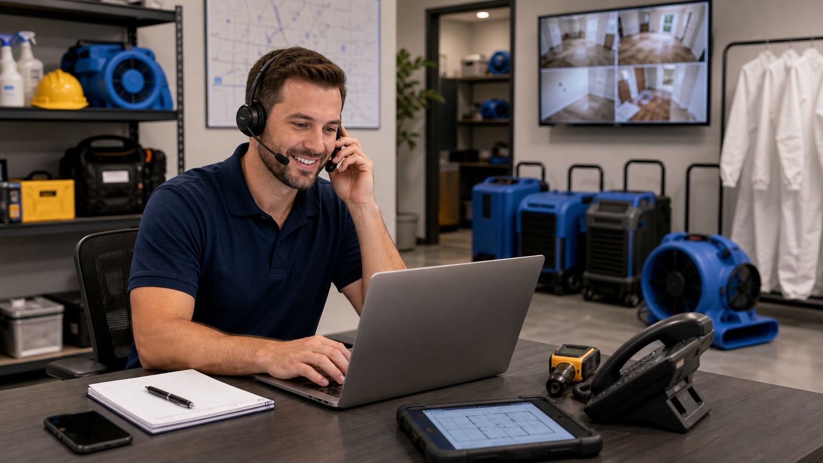 Restoration dispatcher answering an emergency call and creating a job request